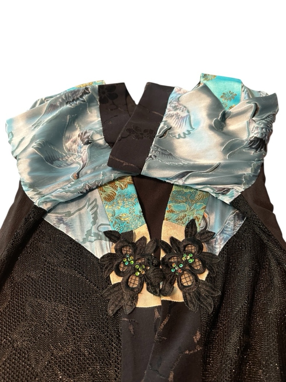 Vtg 90s Spencer Alexis Silk Blend Kimono Style Cropped Top S Floral Cranes FLAWS - Picture 10 of 17